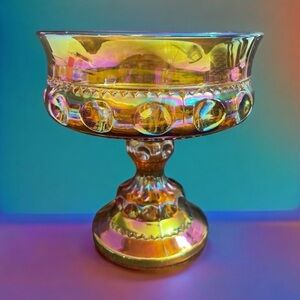 Indiana Glass Kings Crown Carnival Glass Candy Dish
Pedestal Amber Compote